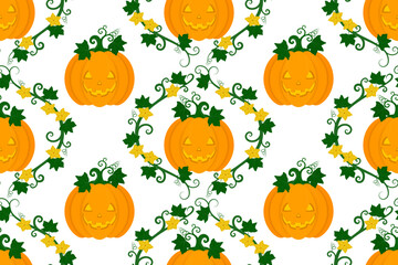 Halloween Pumpkin Seamless Pattern. Cute Halloween Background. Jack-o'-Lanterns in a Repeating Halloween Design. Happy Halloween Theme. Holiday Celebration Background. Spooky Season. Autumn Harvest. 