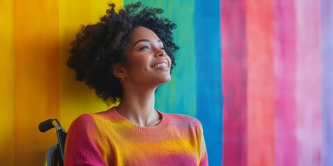 Happy disabled African American gay lesbian woman in a wheelchair, smiling against a rainbow flag mural background in the office during Pride month. Celebrating workplace inclusion, Generative AI