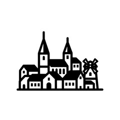 Fototapeta premium Village scene with church houses windmill flats outline