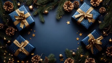 Christmas gift box with golden ribbon and pine cone decoration dark background with warm glowing lights creating festive atmosphere featuring blue star evergreen branch elements for holiday - Powered by Adobe