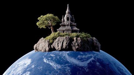 A stone temple rests on a rocky island with a tree floating above planet Earth