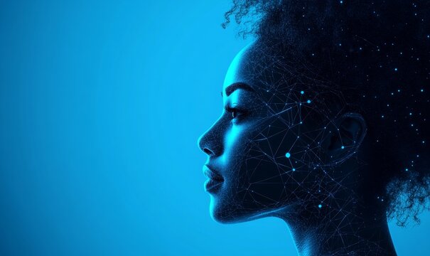 AI cybersecurity threat illustration, Black African American female IT specialist analyzing data, information technology, augmented reality, artificial intelligence blue. Side profile, Generative AI