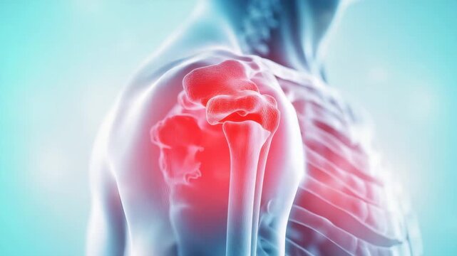 Shoulder joint pain highlighted red with transparent upper body anatomy showing bones and ribs in medical concept illustration of human bone and rib structure