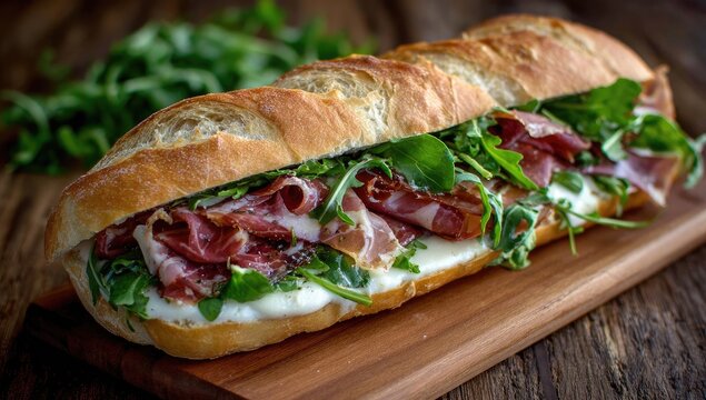 A long sandwich on a wooden board, filled with cured meat, fresh greens, and creamy spread