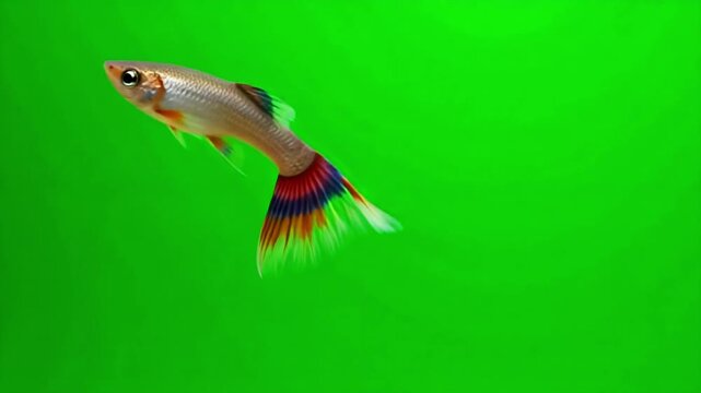 Tiny Guppy with Flowing Rainbow Tail Fluttering Gracefully on Green Screen | 4K Video

