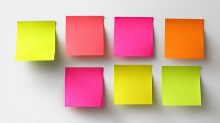 Fototapeta premium Seven colorful sticky notes arranged on a white background, slightly angled and casting soft shadows.