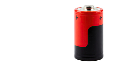 Red and Black Battery Cell on White Background.
