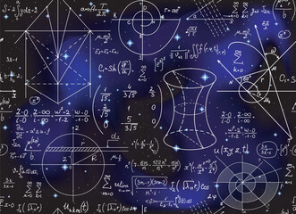 Math scientific vector endless seamless pattern with formulas, figures and calculations handwritten on the space background of stars