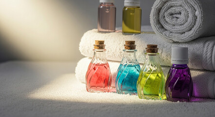 Spa and wellness products with colorful essential oils and rolled towels