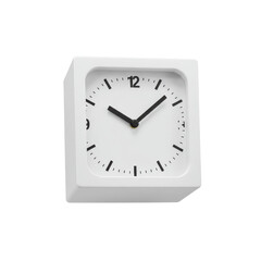 Modern white square wall clock displaying time with minimalist design and clean lines
