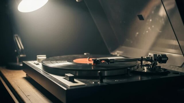 Old vinyl record playing on vintage turntable, nostalgic and classic music ambiance, copy space.