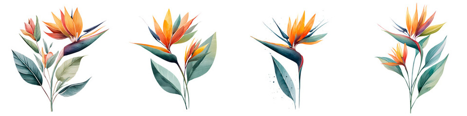 Bird of Paradise Flower Watercolor Illustrations on White