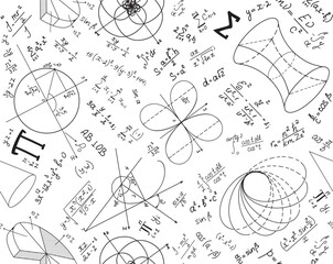 Educational vector seamless background with handwritten scientific math and physics calculations, formulas and equations
