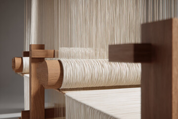 Partial loom with floating threads soft calm base wooden frame textile weaving closeup minimal style neutral color craft fiber art peaceful atmosphere