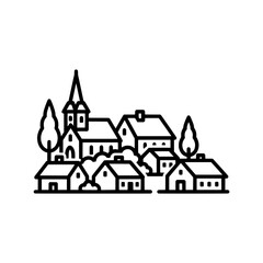 townscape with houses trees church and hills