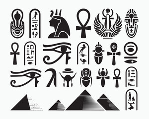 Collection of various black egyptian symbols including ankhs eyes and pyramids on a white background