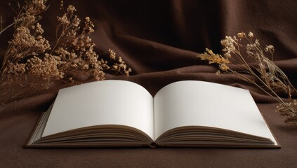 Open book on brown fabric, adorned with dried flowers