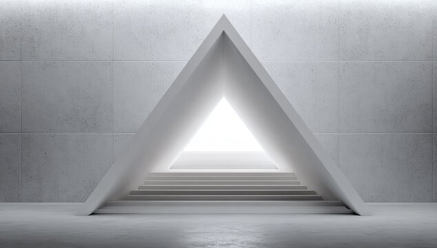 Minimalist white triangle archway in a concrete room