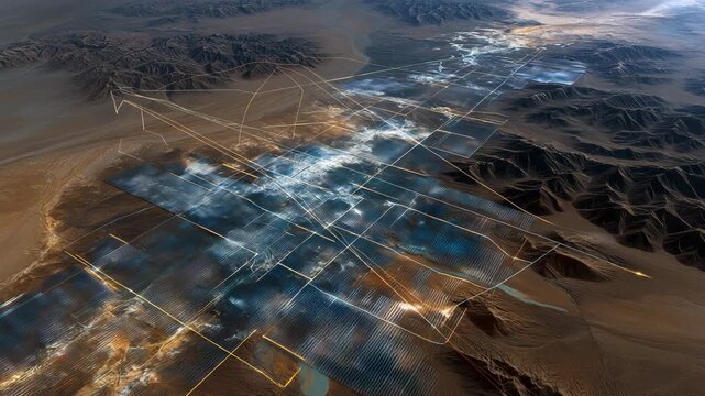 Desert landscape with a large body of water in the middle. The water is surrounded by mountains. satellite view of desert solar mega-array, overlay of capital inflow arrows, sustainable energy stocks