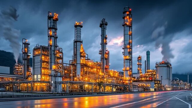 Industrial Dawn: A stunning industrial scene unfolds as a vast refinery complex is illuminated against a dramatic, overcast sky, emitting a powerful, impactful display of industry and infrastructure.