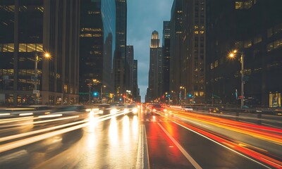 Obraz premium Long exposure captures the movement of traffic through a city at dusk.