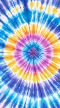 Vibrant tie-dye spiral pattern in blue, purple, yellow, and pink radiating from center creating a groovy, retro, and artistic design.