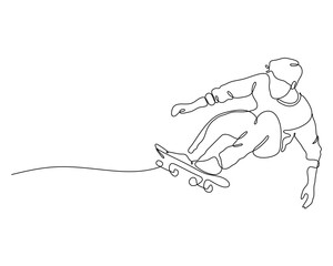 Stylish one line drawing of a skateboarder performing aerial trick. Perfect for street culture posters and extreme sport illustrations.