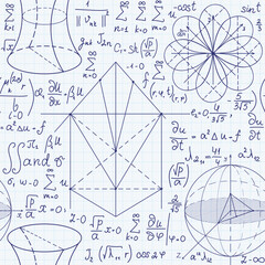 Math vector seamless pattern with handwritten mathematical and physics formulas, equations and figures