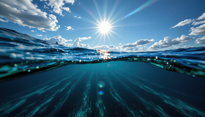 Breathtaking underwater shot showcasing sunlight reflecting on water surface, creating mesmerizing patterns and vibrant colors. serene atmosphere evokes sense of tranquility and wonder