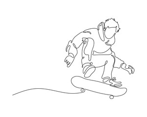 Minimalist one line drawing of a skater doing trick. Continuous line art of skateboarding jump pose.
