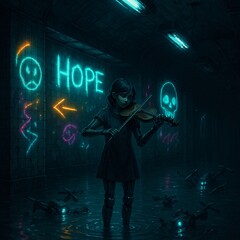 Elegy for the Machine Heart – Cyberpunk Violinist in a Submerged Subway Wasteland