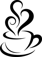 Black abstract steam rising from coffee cup and saucer white