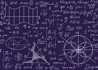 "Back to school" educational vector seamless pattern with math and physics handwritten formulas, equations and calculations