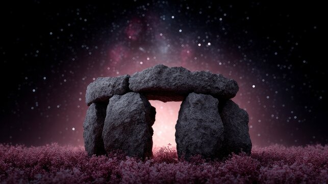 Ancient stone monument stands in field of pink flowers under starry night sky