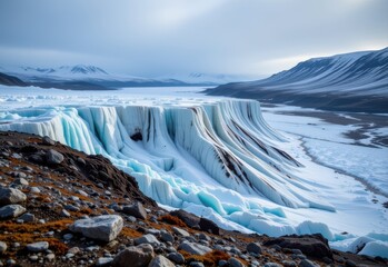 permafrost thaw slumping created small hills as ice layers melt shifting ground natural cold climate process