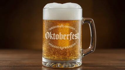 Frosty beer stein with "Oktoberfest" engraved in Bavarian font, filled with golden beer and foam. Set on a rustic table in festive warm lighting.