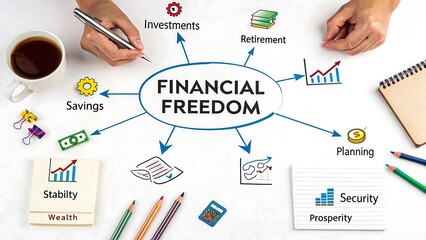 Financial freedom mind map showing connections to savings, investments, retirement, planning, and stability on a whiteboard
