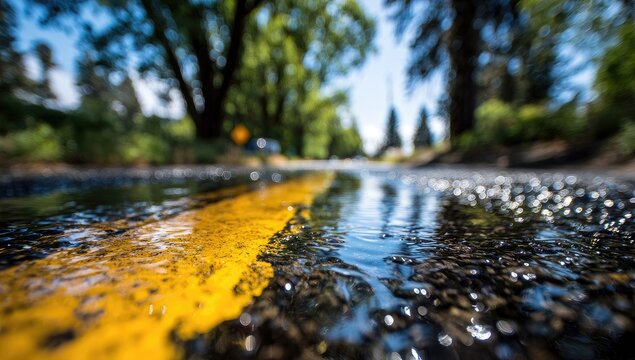 Close-up of a wet road with a yellow line