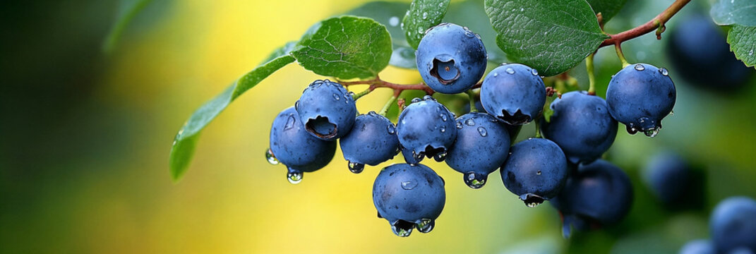 Wet blueberries hanging from the branch. Sunny horizontal background with space for text
