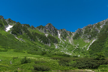 Senjojiki Cirque, a famous location in the Hakuba area in Japan. These mountains are famous during the wintes for the snow sports and during the summer for its beautiful ladscapes