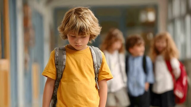 Dejected Young Student with Downcast Eyes in a Blurry School Hallway