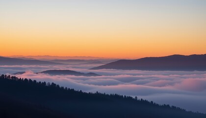 Obraz premium cold air settling in valley between hills after sunset temperature inversion visible fog trapped below