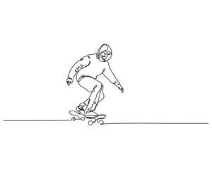 Fototapeta premium One line drawing of skateboarder doing trick in hoodie. Minimalist vector sketch, extreme sports concept.