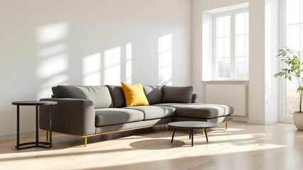 Elegant Living Room with Gray Sofa and Round Coffee Table