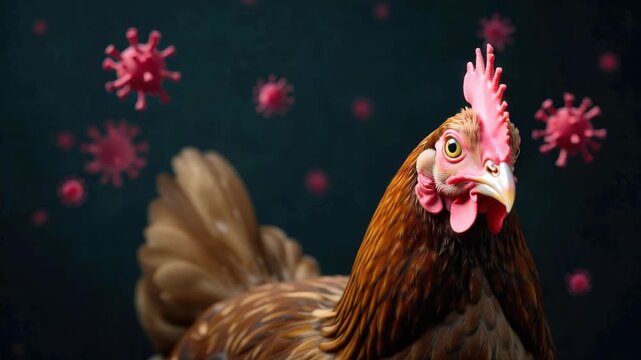 Close-up of a chicken with surrounding virus particles, symbolizing avian influenza, zoonotic disease threats in poultry farming, and the global impact of animal-borne viral outbreaks on human health