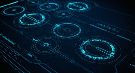 Digital Interface Design: A captivating digital interface showcases an array of futuristic circular widgets, emitting a luminous blue glow in a sleek and high-tech composition.