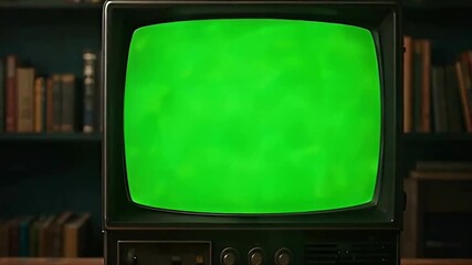 Vintage TV showing a distorted green screen glitch, surrounded by analog dials and static noise, with a zoom-out motion revealing a faded wallpapered room full of vintage decor, evoking a strong sense - Powered by Adobe