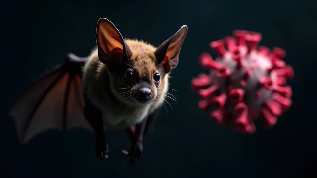Close-up of a fruit bat surrounded by floating virus particles, symbolizing the potential transmission and zoonotic spillover of Marburg virus disease (MVD) and coronavirus infections, dark background