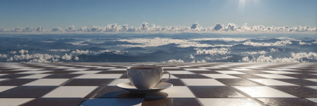 A white teacup sits on a checkered platform overlooking a landscape of clouds and mountains on a bright day