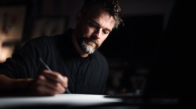 Creative director sketching logo ideas in a dimly lit workspace - Powered by Adobe